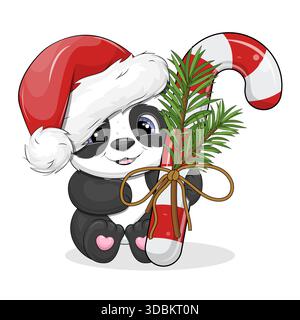 Cute cartoon Panda with Christmas candy cane. New year vector illustration of animal and sweet food on white background. Stock Vector