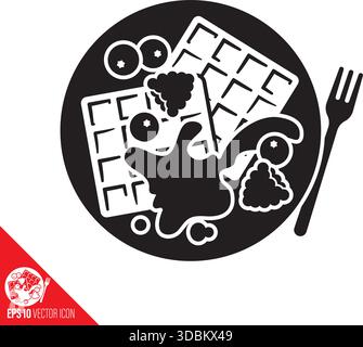 Waffles with berry fruit and sauce on plate vector glyph icon for International Waffle Day Stock Vector
