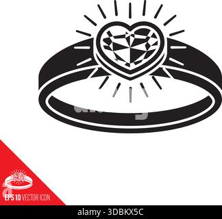 Engagement ring with heart-shaped gemstone vector glyph icon for National Proposal Day on March 20 Stock Vector
