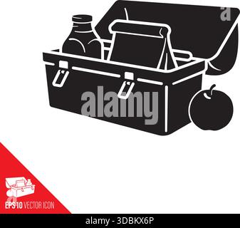 Opened lunch box with milk bottle, paperbag and apple vector symbol Stock Vector