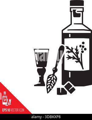 Absinthe bottle, sugar cubes, glass and spoon vector symbol Stock Vector