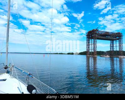 View of the ruins of the Karnin lift bridge Stock Photo