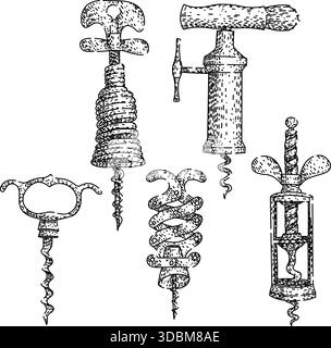 Hand drawn collection of vintage wine corkscrews Stock Vector