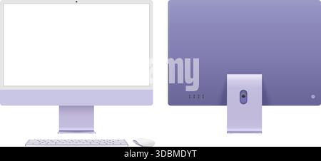 Computer monitor device with keyboard and mouse, desktop pc blank screen mockup template in purple color. Vector illustration Stock Vector
