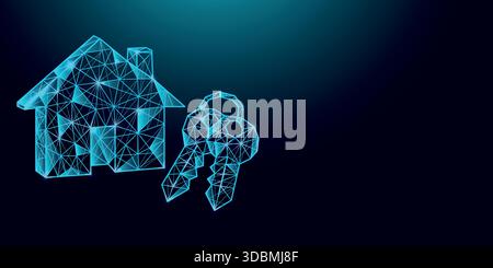 Low poly wireframe house with keys on dark blue background. Stock Vector
