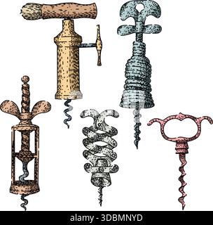 Vintage corkscrews collection illustrating various opener tools Stock Vector