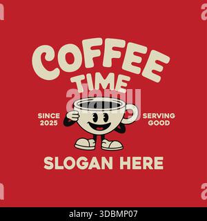 Vintage Cartoon Coffee Cup Mascot Logo Design Stock Vector