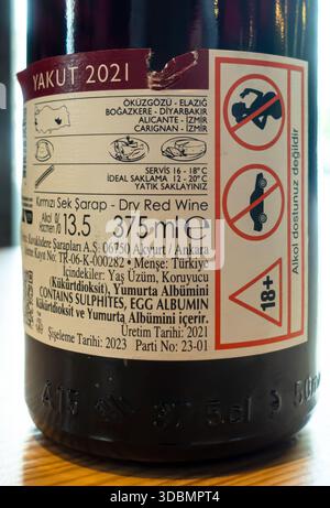 bottle of Kavaklıdere Yakut 2021 Dry Red Wine, a popular Turkish blend. Back label, drinking warnings, warning, graphics Stock Photo