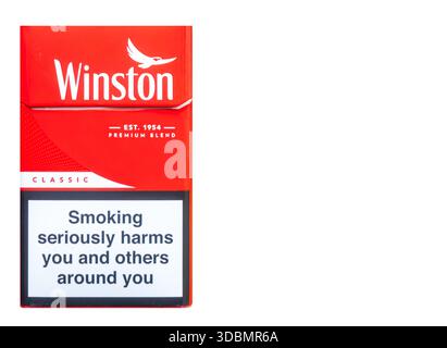 classic cigarette red Pack of Winston Classic Red Cigarette, Warning message Stock Photo