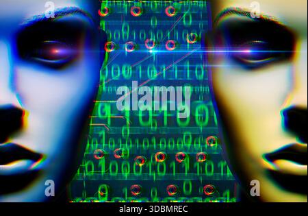 Artificial female figure with binary code, symbolic photo of artificial intelligence, photomontage Stock Photo