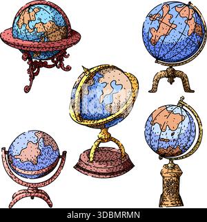Hand drawn world globes showing geography and travel Stock Vector