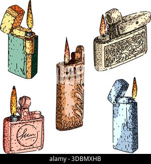 Hand drawn collection of vintage lighters igniting fire Stock Vector