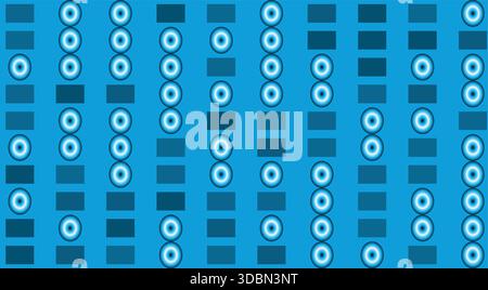 Seamless blue background pattern featuring glowing white and cyan circular motifs alternating with dark rectangles Stock Vector
