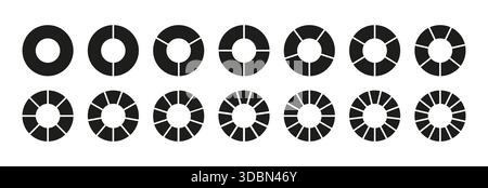 Circle division on 2, 3, 4, 5, 6, 7, 8, 9, 10, 11,12,13,14 equal parts. Wheel round divided diagrams with two, three, four, five, six, seven, eight Stock Vector