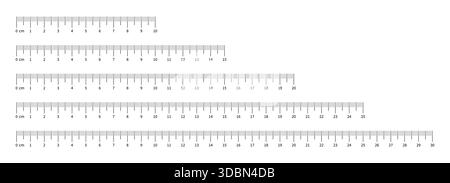 Ruler scale 10, 15, 20, 25, 30 centimeters with numbers set. Measuring chart with 100, 150, 200, 250, 300 mm. Ruler scale, sewing tool template Stock Vector