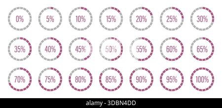 Pink progress bars. Template of pink and gray color fill pie charts indicators. Set of round graph loading progress. Circle pink diagrams icons for Stock Vector