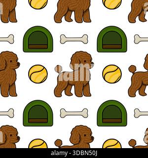 A charming seamless vector pattern featuring adorable brown poodles, their cozy green dog beds, and playful yellow tennis balls, all set against a cle Stock Vector