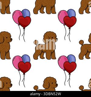 A charming vector seamless pattern featuring playful brown poodles and a cluster of colorful balloons, including a red heart-shaped one, set against a Stock Vector