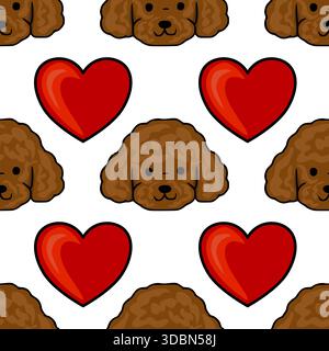 Cute brown poodle faces and vibrant red hearts arranged in a seamless repeating vector pattern, perfect for playful backgrounds. Stock Vector