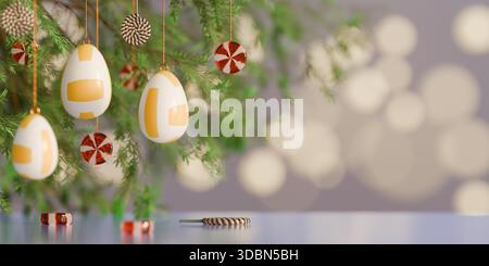 Easter egg shaped volleyballs and peppermint ornaments hanging on branches. 3d rendering Stock Photo