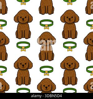 A charming seamless vector pattern featuring adorable brown toy poodles and their green collars with bone-shaped tags, set against a clean white backg Stock Vector