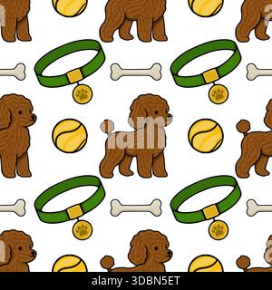 Seamless vector pattern featuring playful brown poodles, dog collars with paw print tags, and chew bones, all set against a clean white background, ev Stock Vector