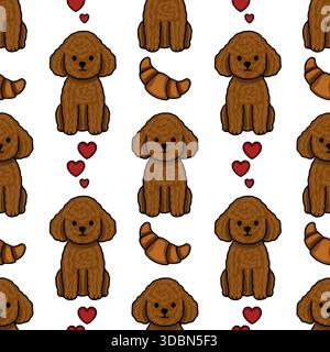 A charming seamless vector pattern featuring adorable brown toy poodles, sweet red hearts, and flaky croissants on a clean white background, perfect f Stock Vector