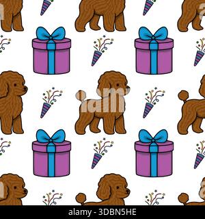 A charming vector pattern featuring adorable brown poodles, festive party poppers, and beautifully wrapped gift boxes with blue bows, creating a joyfu Stock Vector