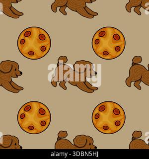 Whimsical vector pattern featuring playful brown poodles in mid-leap and stylized orange celestial bodies, set against a muted beige background. Stock Vector