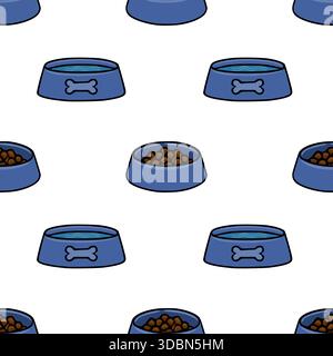 Seamless vector pattern of blue dog bowls filled with water and kibble, featuring a bone silhouette. Stock Vector