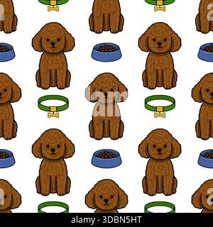 Adorable brown poodle dog and pet accessories seamless vector pattern, featuring cute poodles, food bowls, and collars with bone tags, perfect for pet Stock Vector
