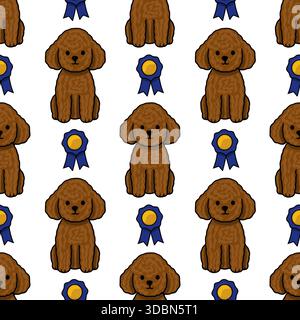 Adorable brown poodle cartoon characters with blue award ribbons, presented as a seamless vector pattern on a white background. Stock Vector