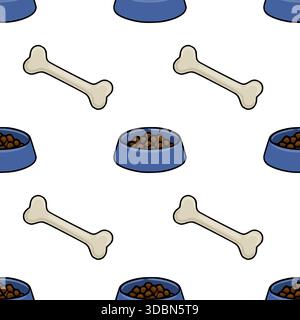 A charming vector seamless pattern featuring light beige dog bones and blue bowls filled with brown kibble, set against a clean white background, idea Stock Vector