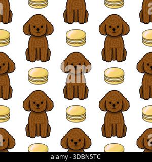 A charming vector pattern featuring adorable brown toy poodles and yellow macarons, creating a sweet and playful repeating motif. Stock Vector