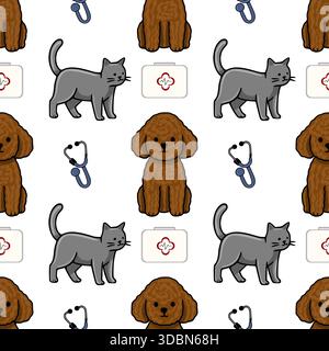 Whimsical vector pattern featuring cute cartoon cats, poodles, stethoscopes, and first-aid kits, ideal for veterinary or pet care themes. Stock Vector
