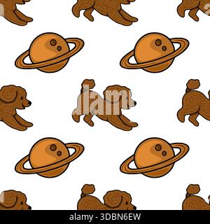 Whimsical vector seamless pattern featuring playful brown poodles interacting with stylized Saturn-like planets, set against a clean white background. Stock Vector
