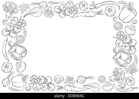 Doodle-style frame. Healthy eating. Hand-drawn outline icons of vegetables. Stock Vector