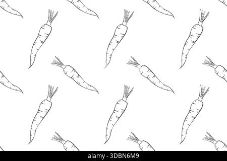 Seamless outline pattern with carrots. Doodle illustration of vegetables. Illustration of healthy eating ingredients. Stock Vector