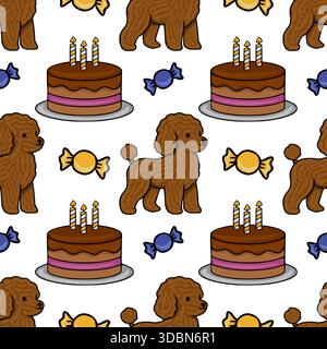 Seamless vector pattern featuring adorable brown poodles, celebratory cakes with candles, and colorful candies on a white background. Stock Vector