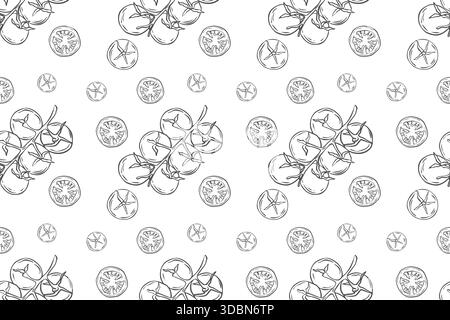 Seamless outline pattern with tomatoes. Doodle illustration of whole twigs with vegetables. Healthy eating illustration. Stock Vector