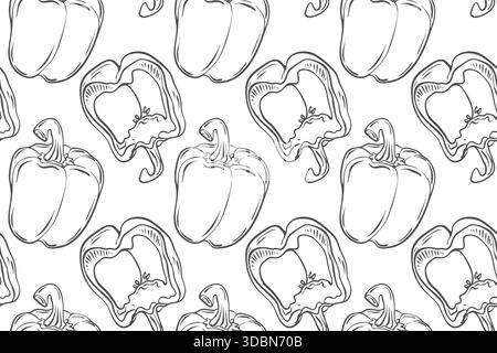 Seamless outline pattern with peppers. Doodle illustration of whole vegetables and slices. Healthy eating illustration. Stock Vector