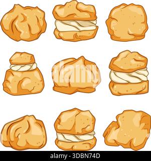 Cream puffs displaying different shapes and sweet fillings Stock Vector