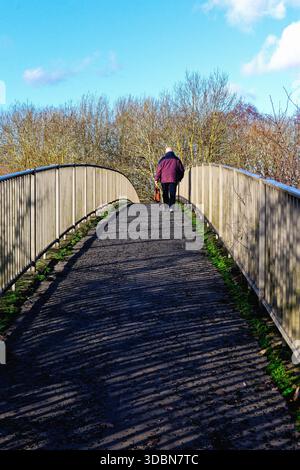 Rear view of an elderly man crossing a footbridge using a walking stick and carrying a shopping bag on a sunny winters day, Shepperton Surrey England Stock Photo