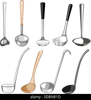 Kitchen ladles collection displaying various cooking utensils Stock Vector