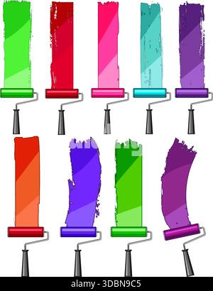 Paint rollers applying colorful strokes on white background Stock Vector