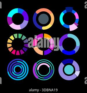 Nine colorful circular charts analyzing business data information Stock Vector