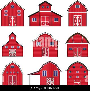 Red farm barns set vector illustrations depicting agriculture buildings Stock Vector