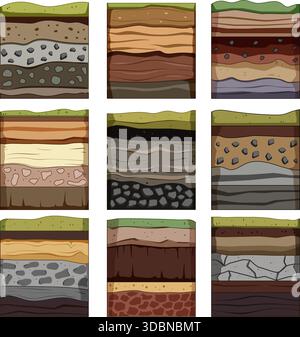 Different soil layers displaying earth strata profiles Stock Vector