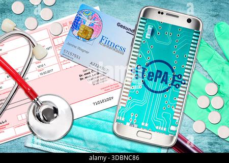 Cell phone with ePA lettering on the display, symbolic photo of electronic patient file, photomontage Stock Photo