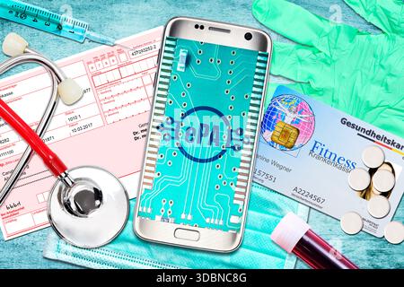 Cell phone with ePA lettering on the display, symbolic photo of electronic patient file, photomontage Stock Photo